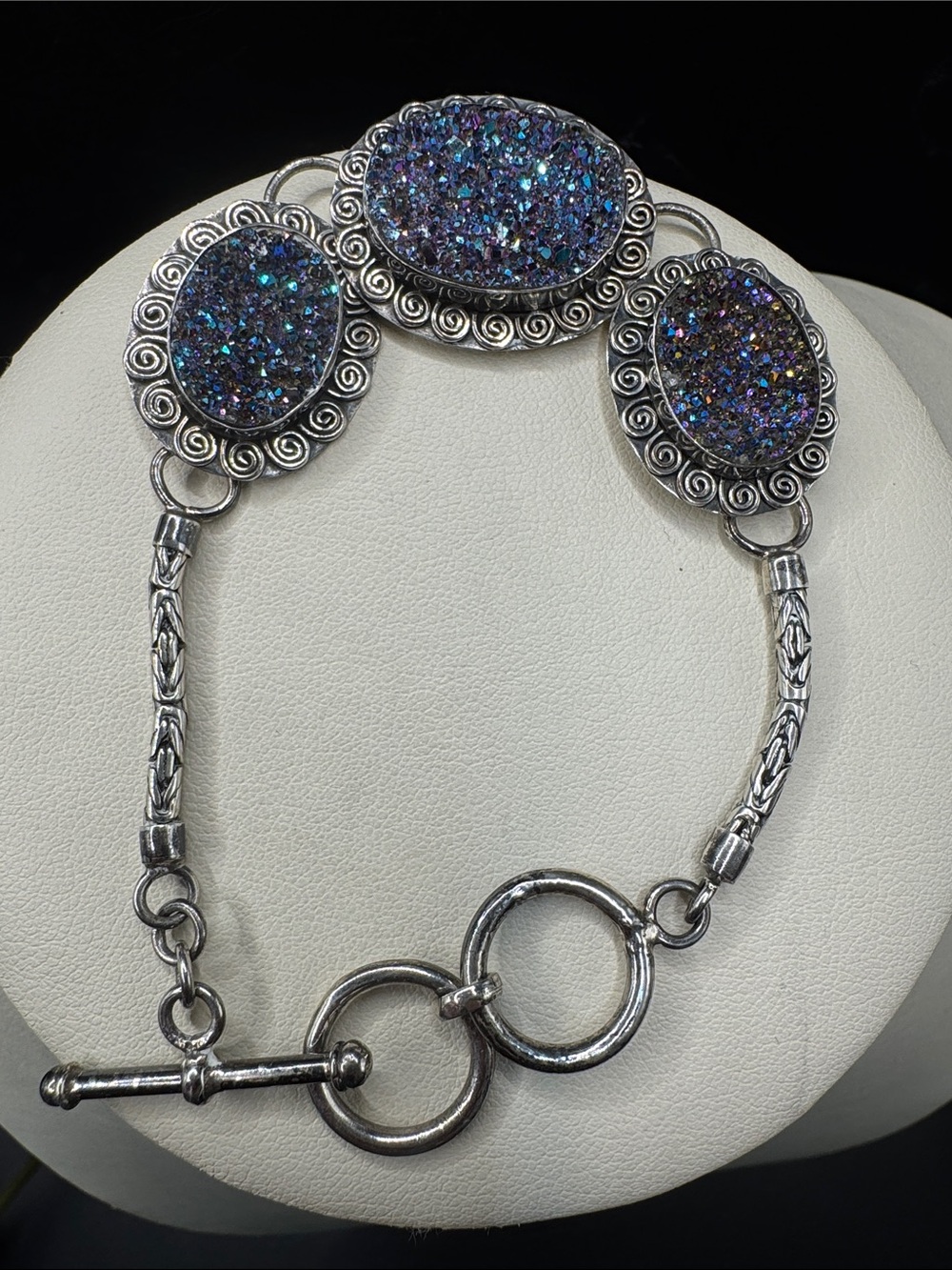Sterling Silver Bracelet with Iridescent Purple Druzy stones 7.5 inches